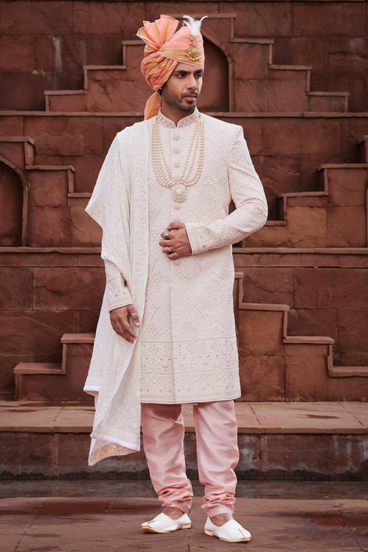 Cream Peach Colour Georgette Thread Embroidery Work Sherwani