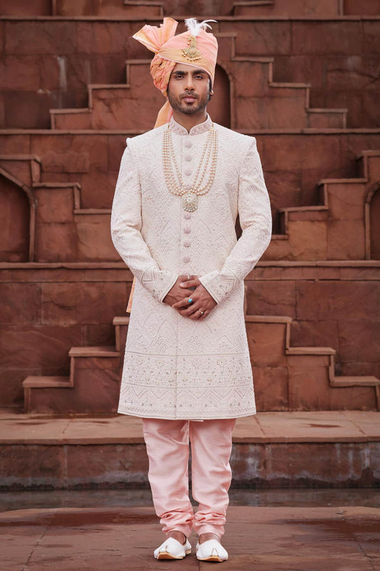 Cream Peach Colour Georgette Thread Embroidery Work Sherwani