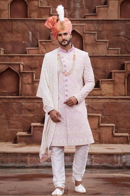 Cream Colour Georgette Thread Embroidery Work Sherwani