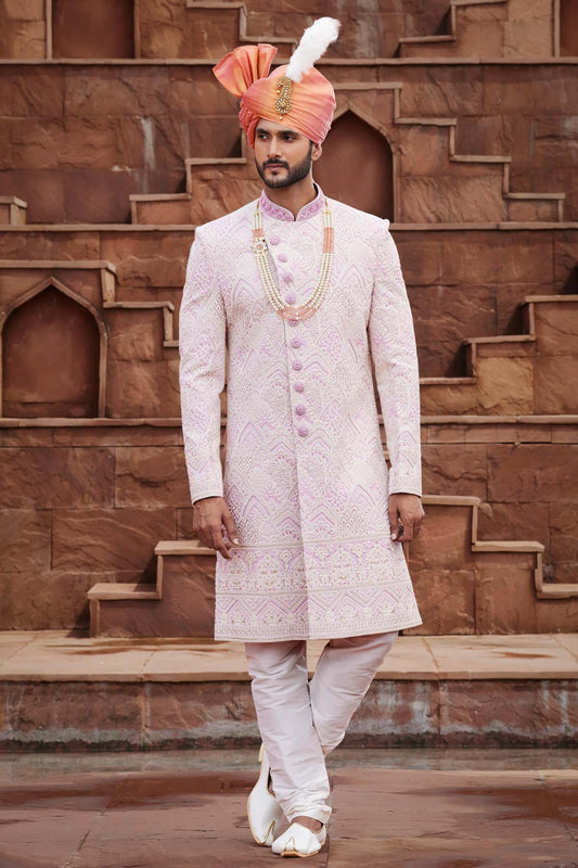Cream Colour Georgette Thread Embroidery Work Sherwani