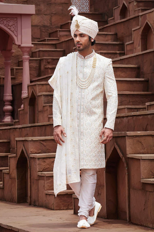 Cream Colour Art Silk Thread Embroidery Work Sherwani