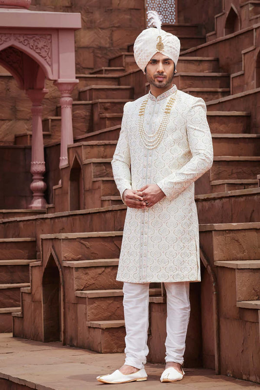 Cream Colour Art Silk Thread Embroidery Work Sherwani