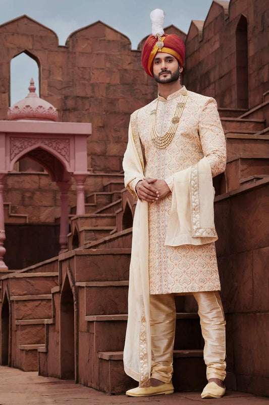 Gold Colour Art Silk Thread Embroidery Work Sherwani
