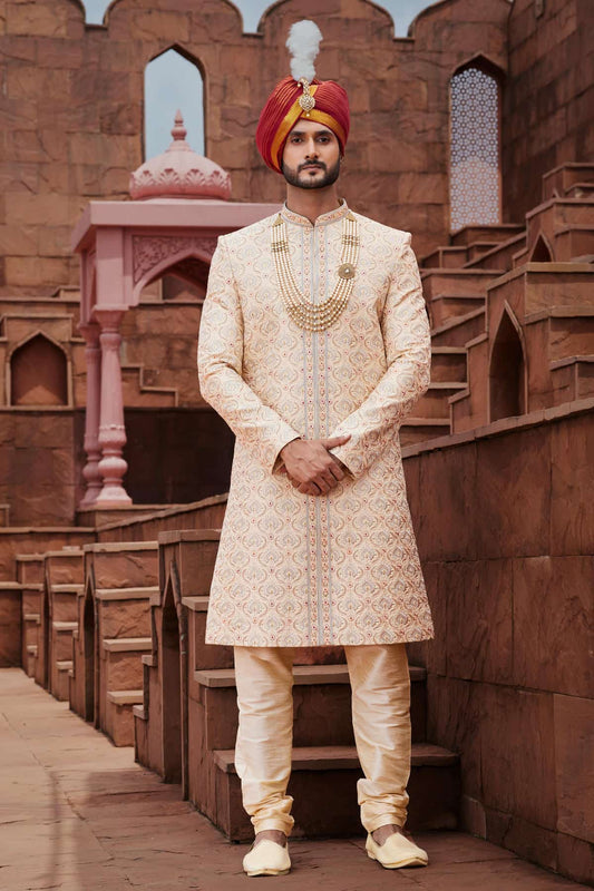 Gold Colour Art Silk Thread Embroidery Work Sherwani