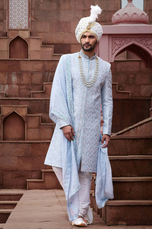 Grey Blue Colour Art Silk Thread Embroidery Work Sherwani