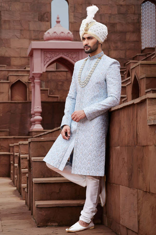 Grey Blue Colour Art Silk Thread Embroidery Work Sherwani