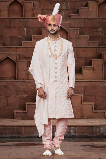 Peach Colour Art Silk Thread Embroidery Work Sherwani