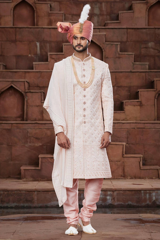 Peach Colour Art Silk Thread Embroidery Work Sherwani