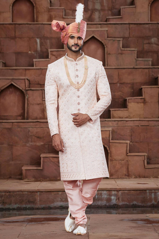 Peach Colour Art Silk Thread Embroidery Work Sherwani