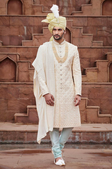 Gold Colour Art Silk Thread Embroidery Work Sherwani
