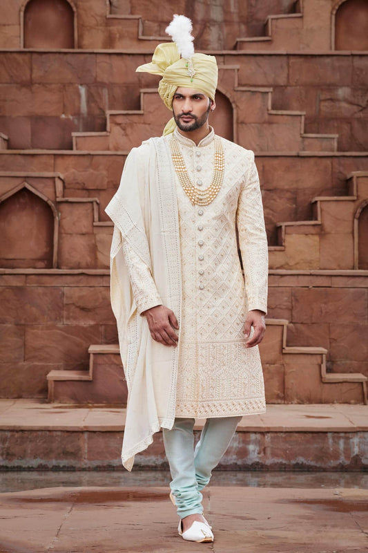 Gold Colour Art Silk Thread Embroidery Work Sherwani