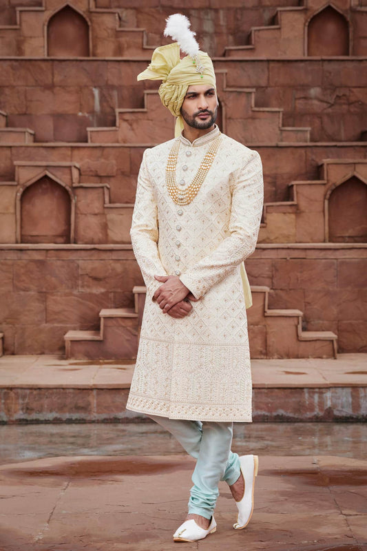 Gold Colour Art Silk Thread Embroidery Work Sherwani