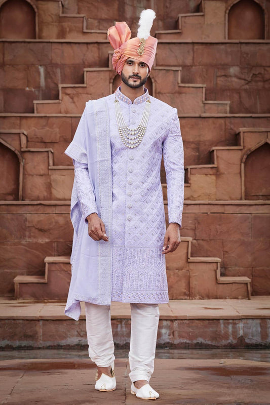 Light Purple Colour Art Silk Thread Embroidery Work Sherwani