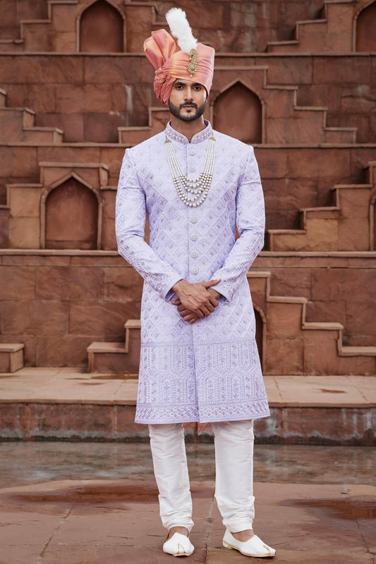 Light Purple Colour Art Silk Thread Embroidery Work Sherwani