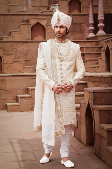 Cream Colour Art Silk Thread Embroidery Work Sherwani