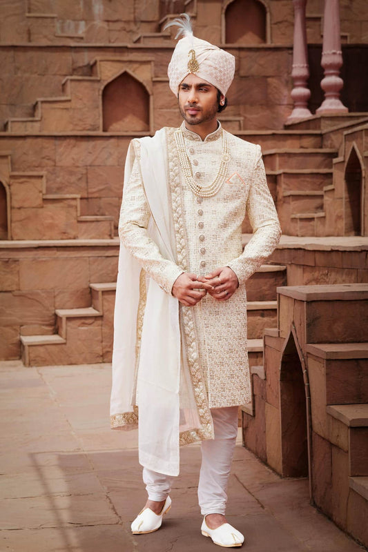 Cream Colour Art Silk Thread Embroidery Work Sherwani
