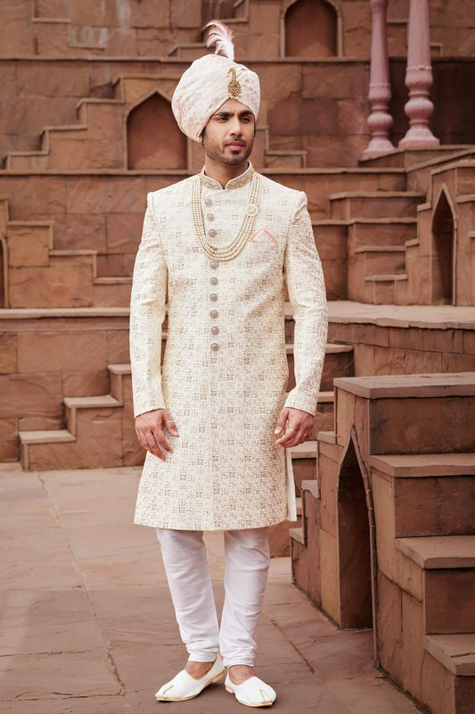 Cream Colour Art Silk Thread Embroidery Work Sherwani