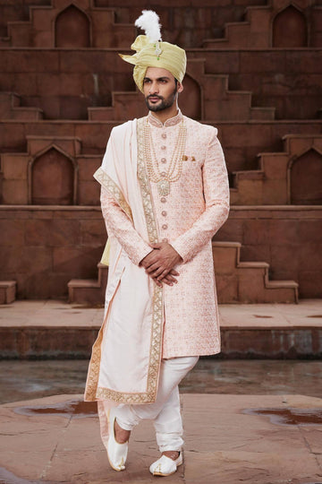 Peach Colour Art Silk Thread Embroidery Work Sherwani