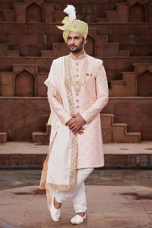 Peach Colour Art Silk Thread Embroidery Work Sherwani