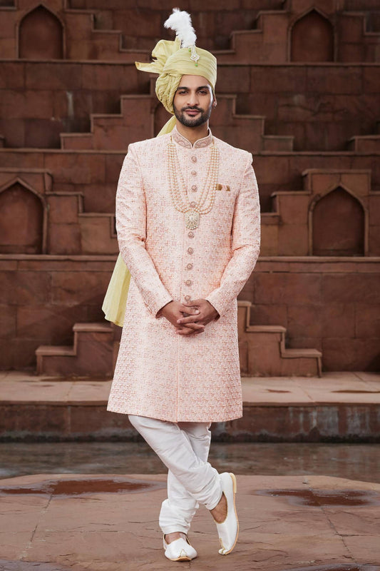 Peach Colour Art Silk Thread Embroidery Work Sherwani