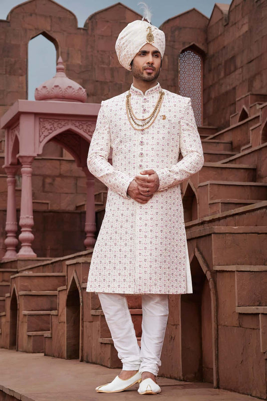 Cream Colour Art Silk Thread Embroidery Work Sherwani