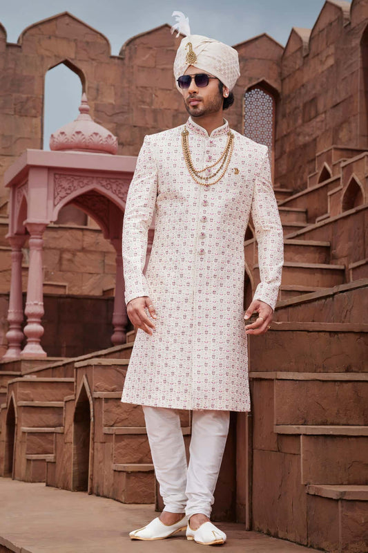 Cream Colour Art Silk Thread Embroidery Work Sherwani