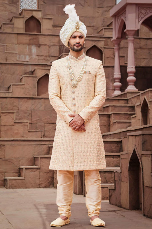 Gold Colour Art Silk Thread Embroidery Work Sherwani