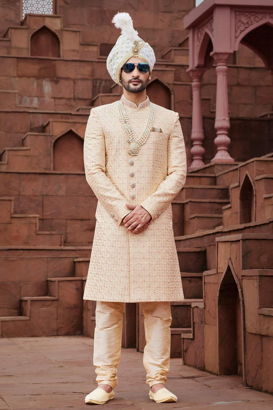 Gold Colour Art Silk Thread Embroidery Work Sherwani