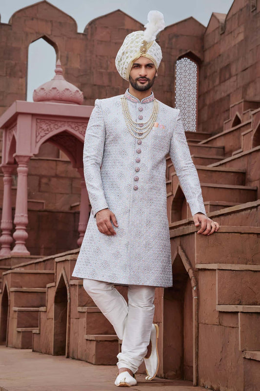 Grey Blue Colour Art Silk Thread Embroidery Work Sherwani