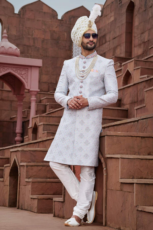 Grey Blue Colour Art Silk Thread Embroidery Work Sherwani