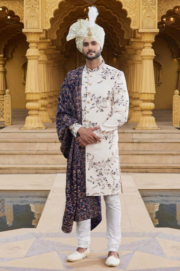 Art Silk Thread Embroidery Work Cream Colour Sherwani