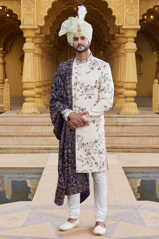 Art Silk Thread Embroidery Work Cream Colour Sherwani