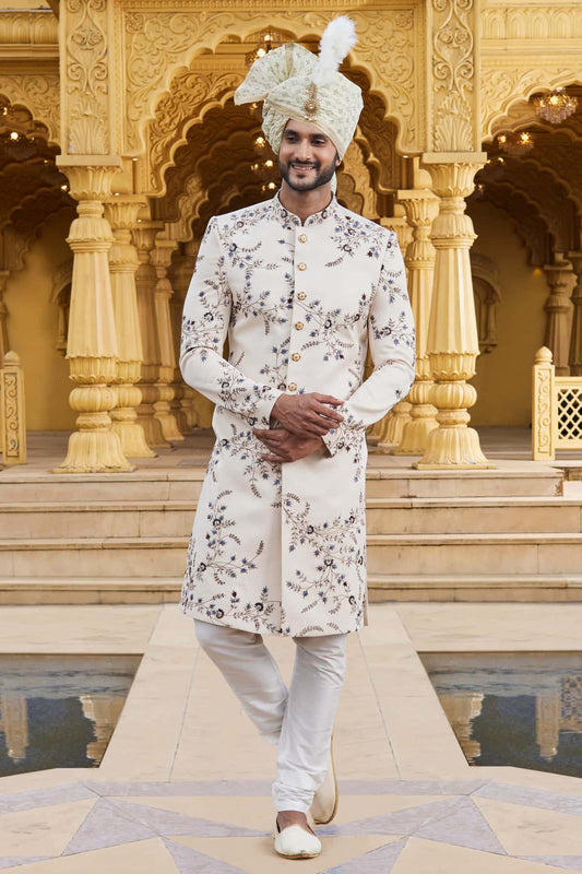 Art Silk Thread Embroidery Work Cream Colour Sherwani