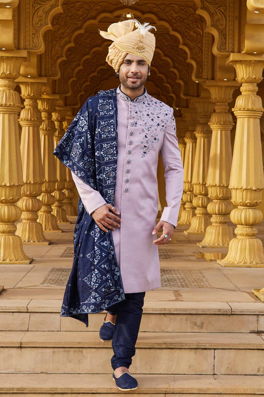 Art Silk Thread Embroidery Work Lavender Colour Sherwani