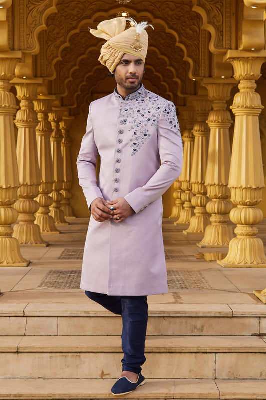 Art Silk Thread Embroidery Work Lavender Colour Sherwani