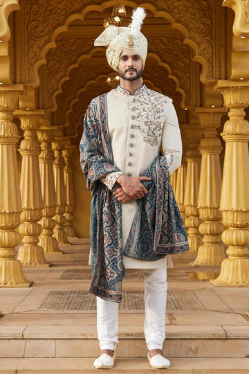 Art Silk Thread Embroidery Work Cream Beige Colour Sherwani