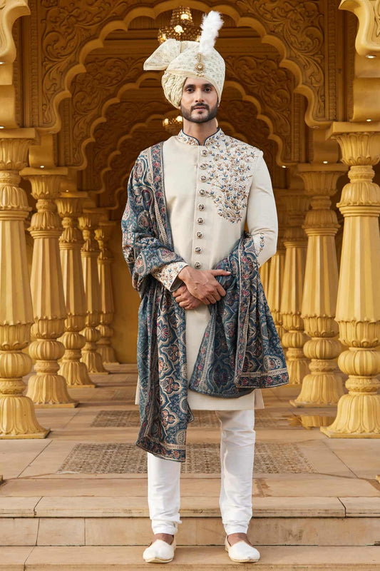 Art Silk Thread Embroidery Work Cream Beige Colour Sherwani