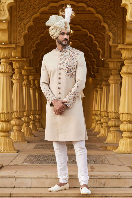 Art Silk Thread Embroidery Work Cream Beige Colour Sherwani