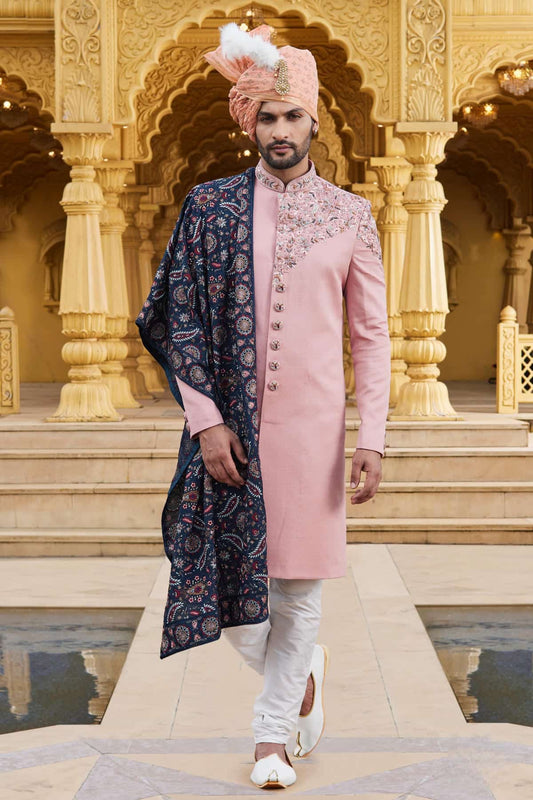 Art Silk Thread Embroidery Work Dark Pink Colour Sherwani