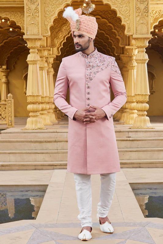 Art Silk Thread Embroidery Work Dark Pink Colour Sherwani