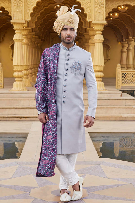 Art Silk Thread Embroidery Work Gray Colour Sherwani