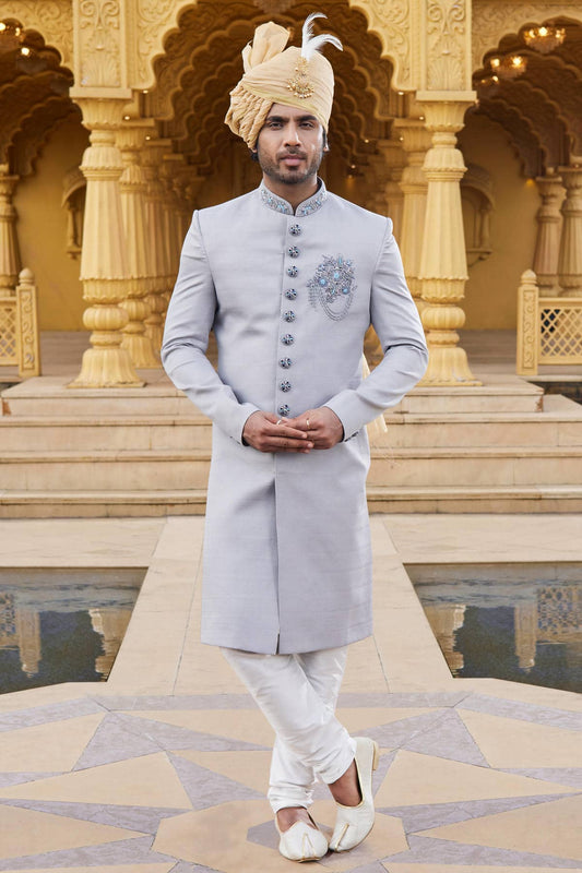 Art Silk Thread Embroidery Work Gray Colour Sherwani