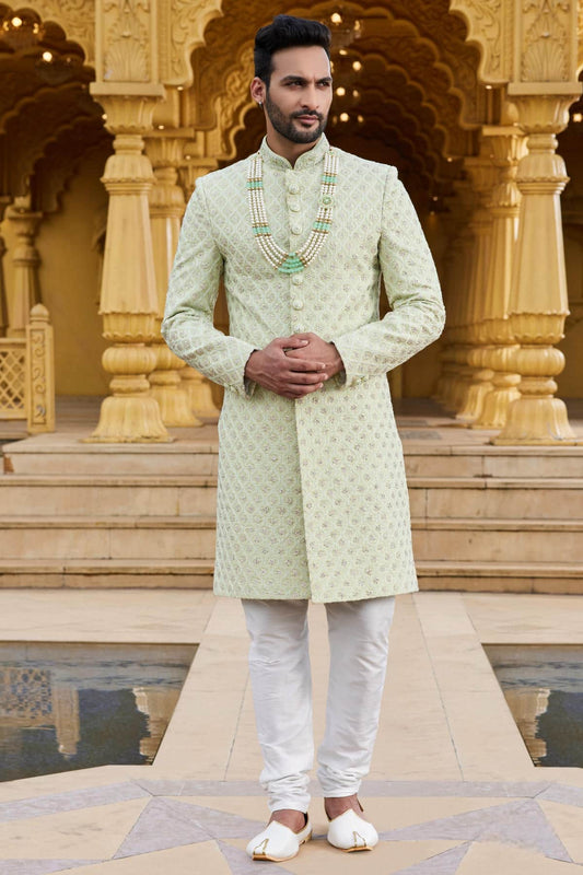 Georgette Thread Embroidery Work Pista Green Colour Sherwani