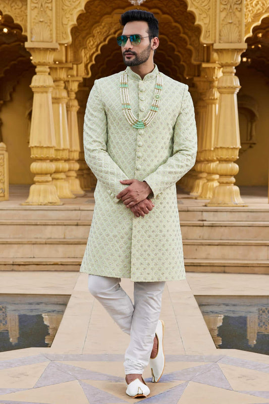 Georgette Thread Embroidery Work Pista Green Colour Sherwani