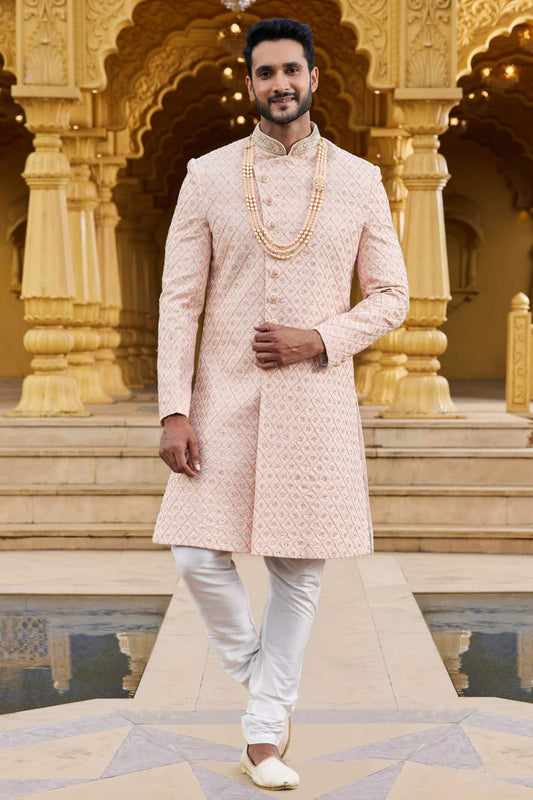 Georgette Thread Embroidery Work Peach Colour Sherwani