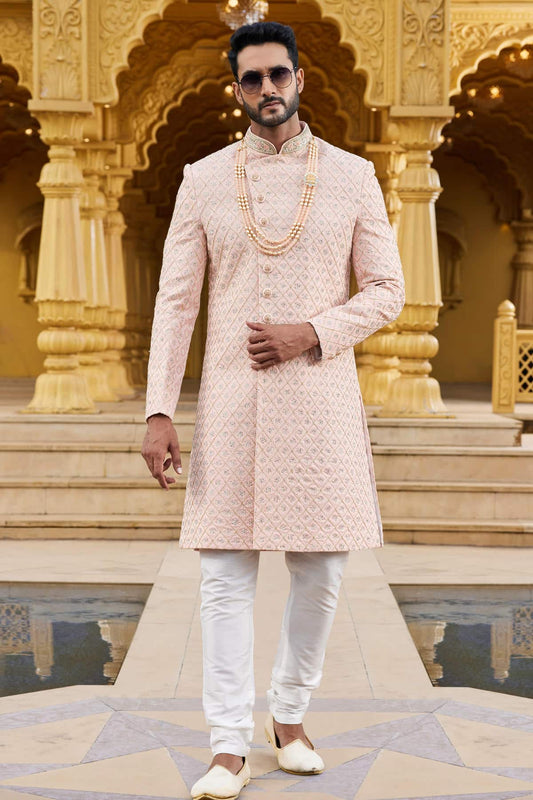 Georgette Thread Embroidery Work Peach Colour Sherwani
