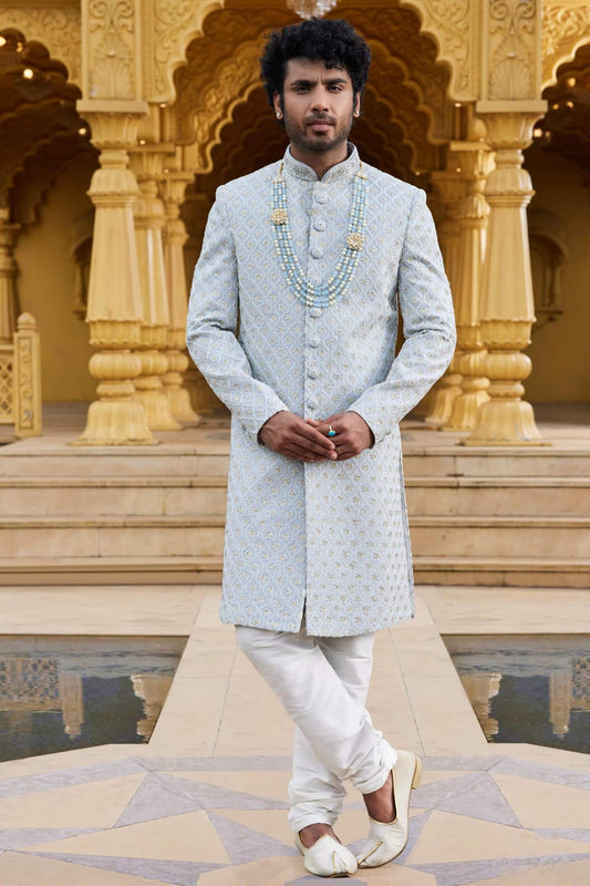 Georgette Thread Embroidery Work Gray Colour Sherwani