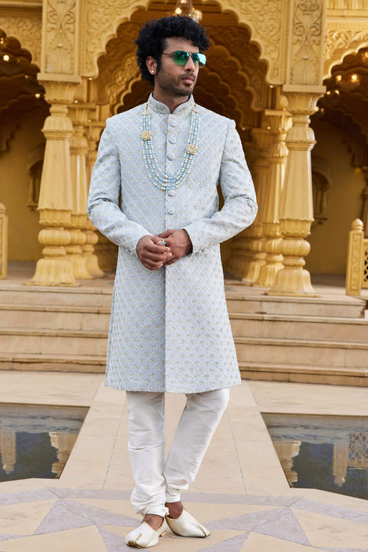 Georgette Thread Embroidery Work Gray Colour Sherwani