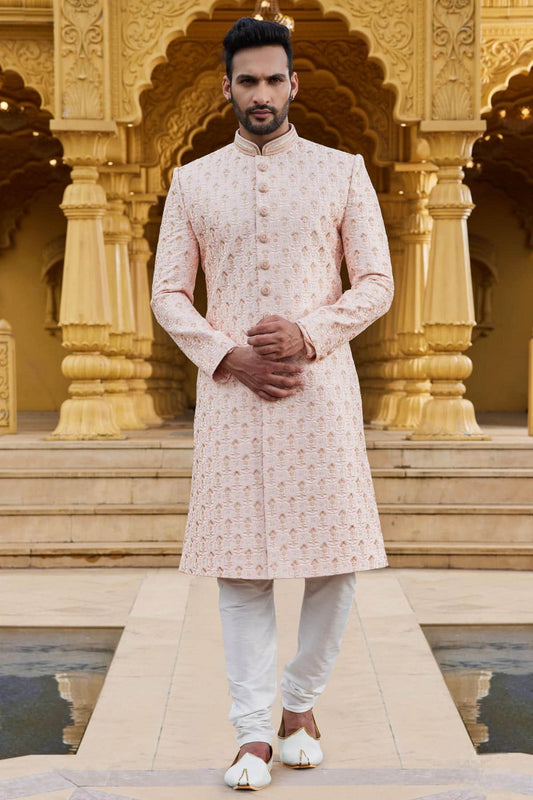 Art Silk Thread Embroidery Work Peach Colour Sherwani