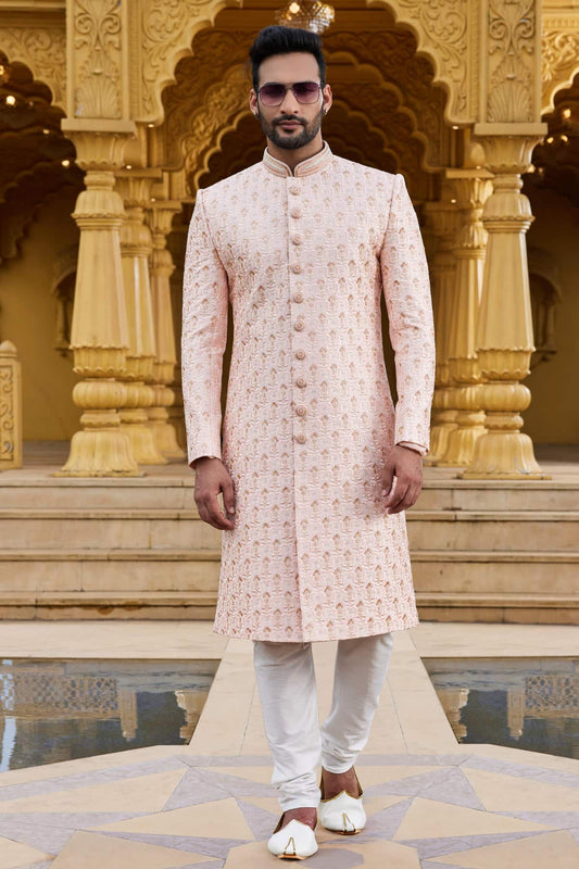 Art Silk Thread Embroidery Work Peach Colour Sherwani